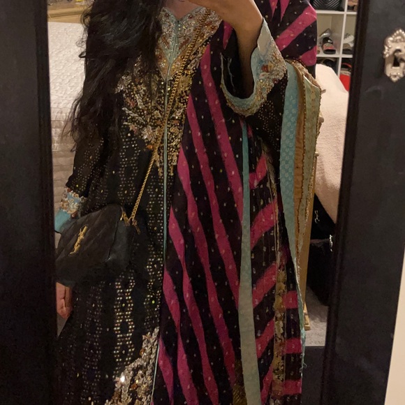 Pakistani Black Gold Pink and Blue Shalwar Kameez - Picture 2 of 15
